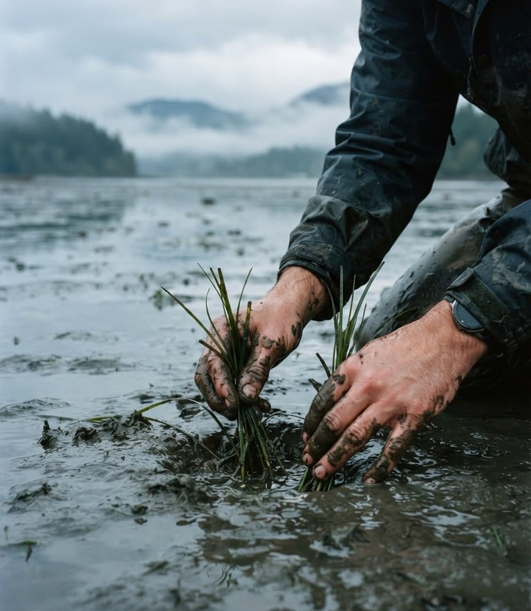 Candid documentary photo of muddy hands planting native eelgrass in a misty Washington estuary, overcast morning light, cool tones, 35mm film grain