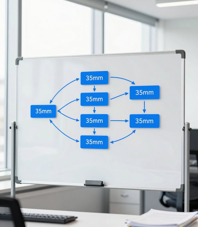 Bright high-key corporate photography, a clean modern tech office with natural window light and vibrant blue accents, a systems architect whiteboarding a database schema, sharp focus, 35mm