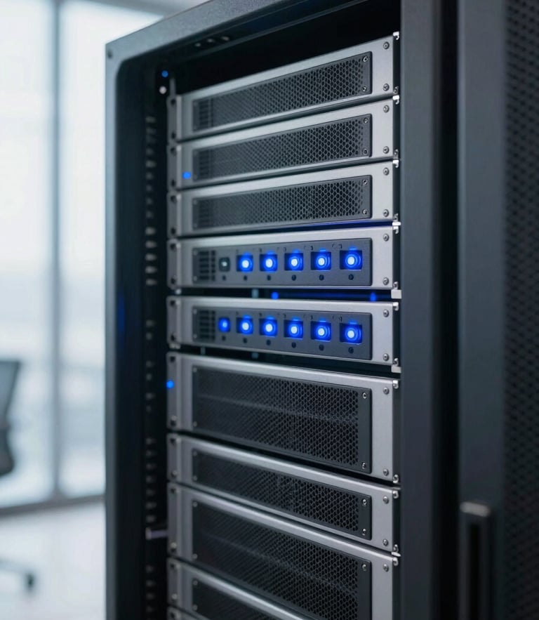 Macro shot of a clean server rack with soft blue indicator lights, bright high-key corporate photography, natural window light, sharp focus, 35mm