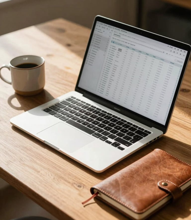 A clean, sunlit wooden desk in Austin with a modern laptop showing clean financial spreadsheets, a tactile leather notebook, and a ceramic cup, warm Texas afternoon light.
