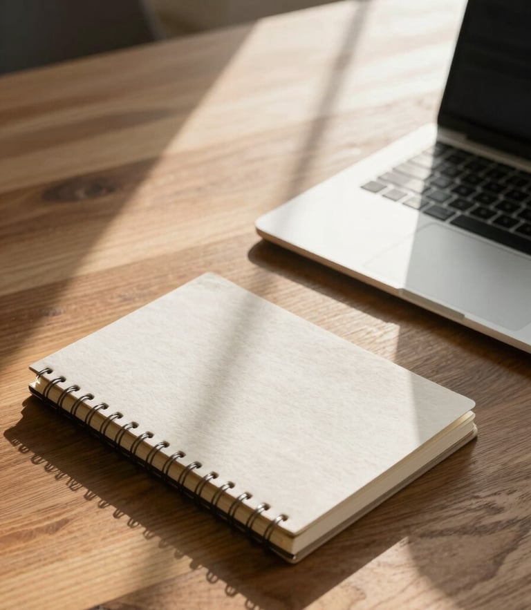 Clean, sunlit workspace in Austin, warm Texas afternoon light illuminating a wooden desk with a tactile notebook and a modern laptop, wide environmental shot.