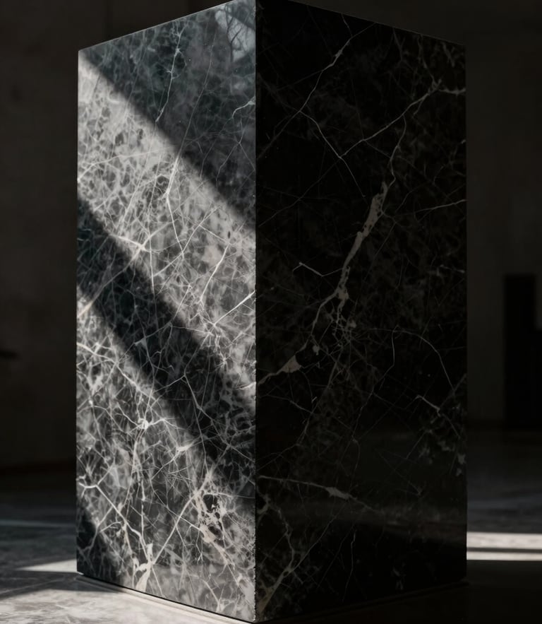 Dramatic natural light casting sharp shadows across a massive veined dark marble block, one-point perspective, moody chiaroscuro lighting, architectural detail focus.
