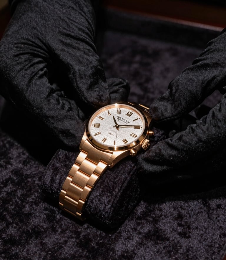Close-up of gloved hands carefully holding an exquisite luxury watch over a dark velvet surface, low-key dramatic lighting, gold highlights, 35mm editorial photography