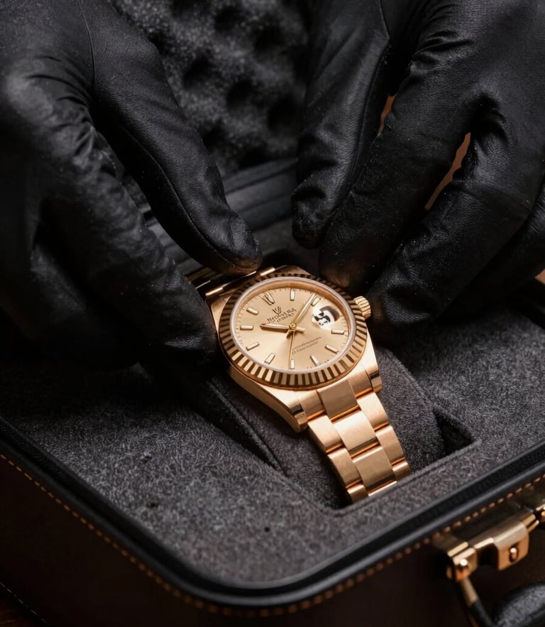 Close-up macro shot of gloved hands carefully placing a luxury gold watch into a custom secure foam-lined leather case, dramatic side lighting, 35mm