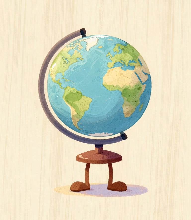 A warm whimsical illustration of the adventurous character Amani holding a small hand-drawn globe, soft sun-drenched pastel tones, light wood texture background