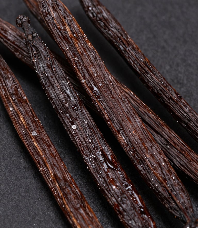 Macro photograph of cured Indonesian vanilla planifolia beans, oily dark brown texture, subtle side lighting highlighting crystalline vanillin frosting, dark background.