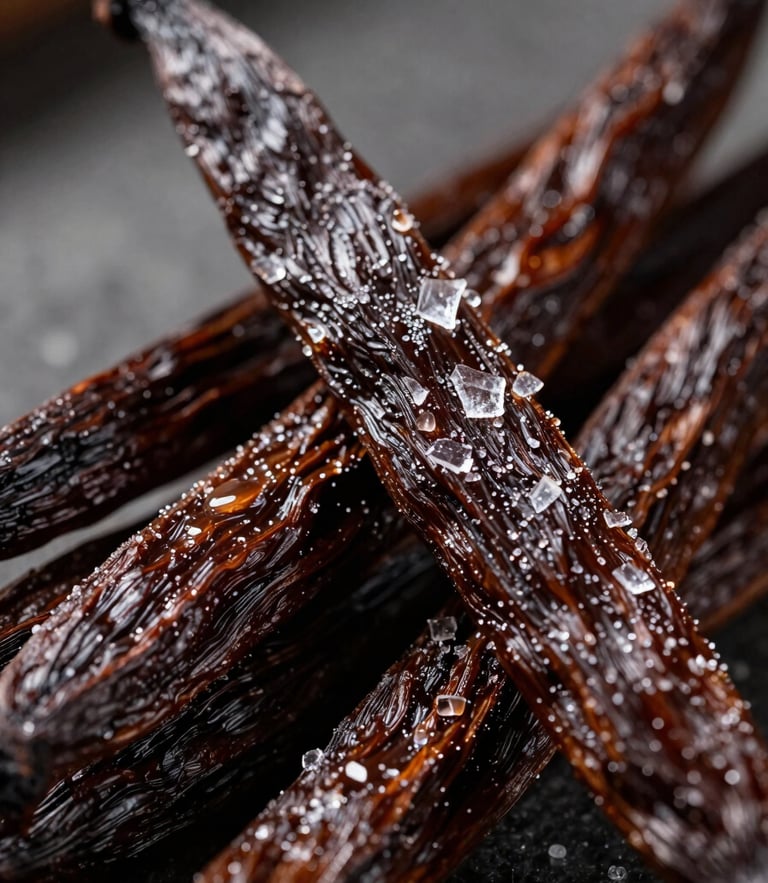 Macro close-up of plump, oily, dark brown cured vanilla pods showing crystalline vanillin frost under dramatic side-lighting.