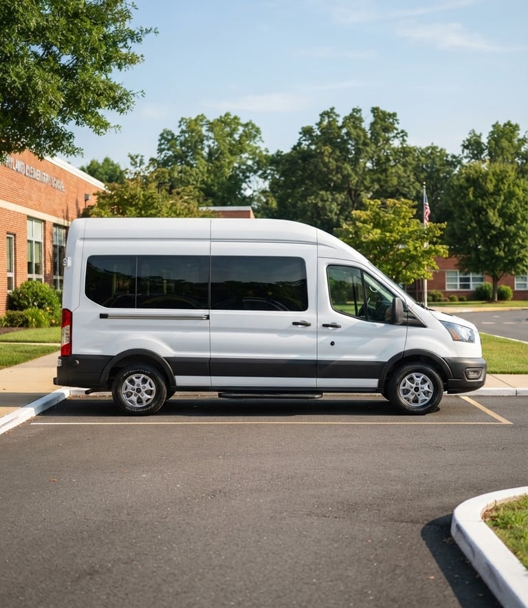 Side view of a modern, clean, white specialized transit van parked in a neat, sunlit school driveway in Maryland, bright morning daylight, 35mm