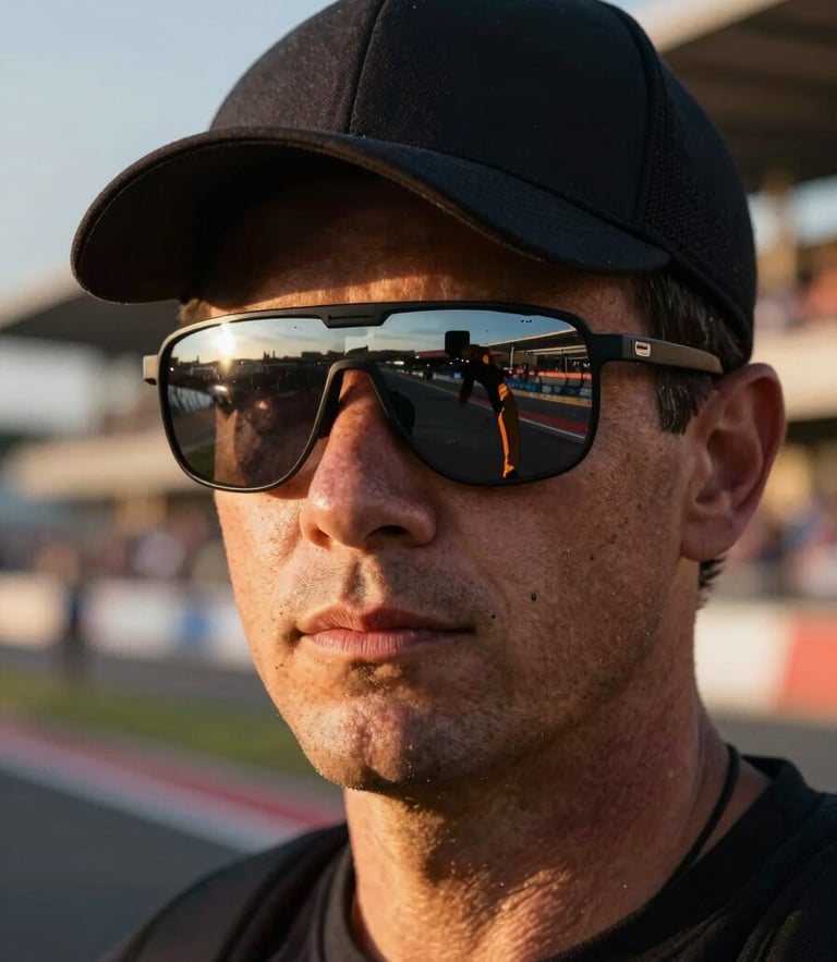 Primer plano dramático del casco de Miguel Bernal con reflejos de la pista en la visera, luz de atardecer de alto contraste, paddock de fondo difuminado.