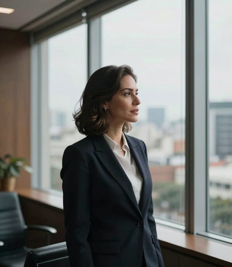 Editorial portrait of a professional woman in a sunlit, high-end corporate office in São Paulo, soft side shadow, looking thoughtfully out a large window, 35mm photography, elegant and authoritative mood
