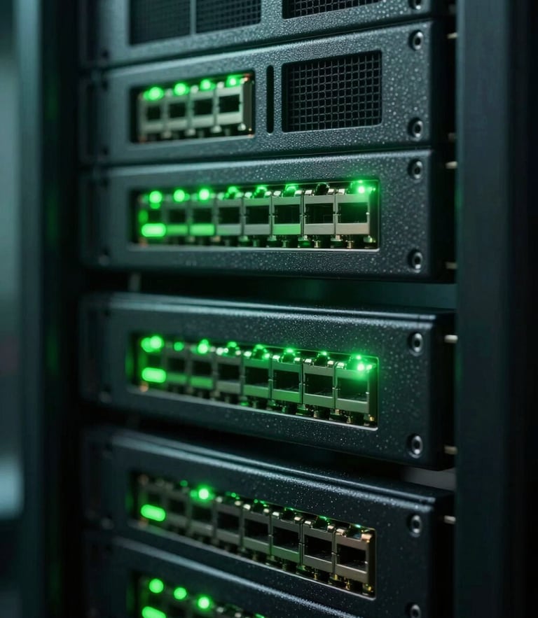 Tight macro shot of high-end dark server rack interfaces with subtle glowing green network indicators, moody dramatic side-lighting, deep forest green accents, cinematic depth of field.