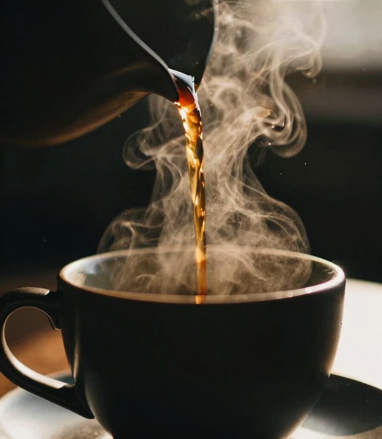 Moody close-up of slow-pour coffee dripping into a minimalist matte-black ceramic cup, warm golden-hour sunbeams cutting through steam, high-contrast side-lighting, shallow depth of field, 35mm film style.