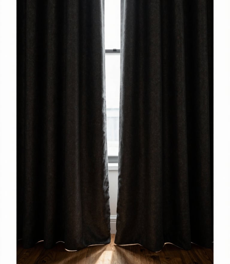 Low-key moody editorial photo of heavy charcoal blackout curtains framing a quiet window, deep shadows, warm oatmeal light reflecting off a wooden floor, 50mm lens