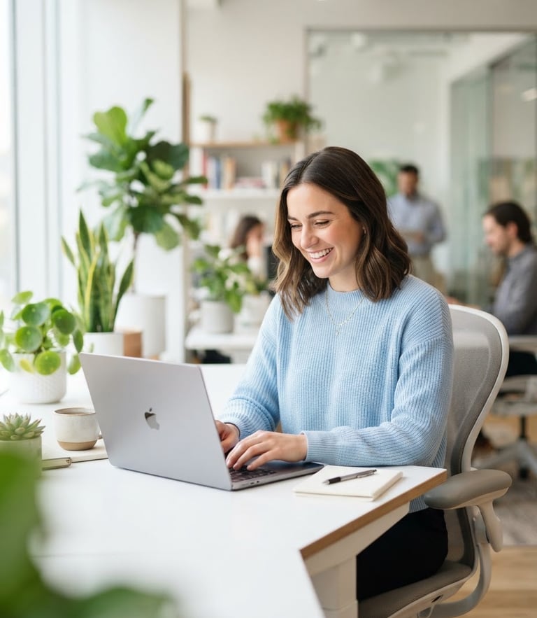 A smiling young professional sitting at a bright, sunlit desk, typing on a laptop, soft green plants in the background, clean modern workspace, high-key studio lighting, shallow depth of field, 35mm