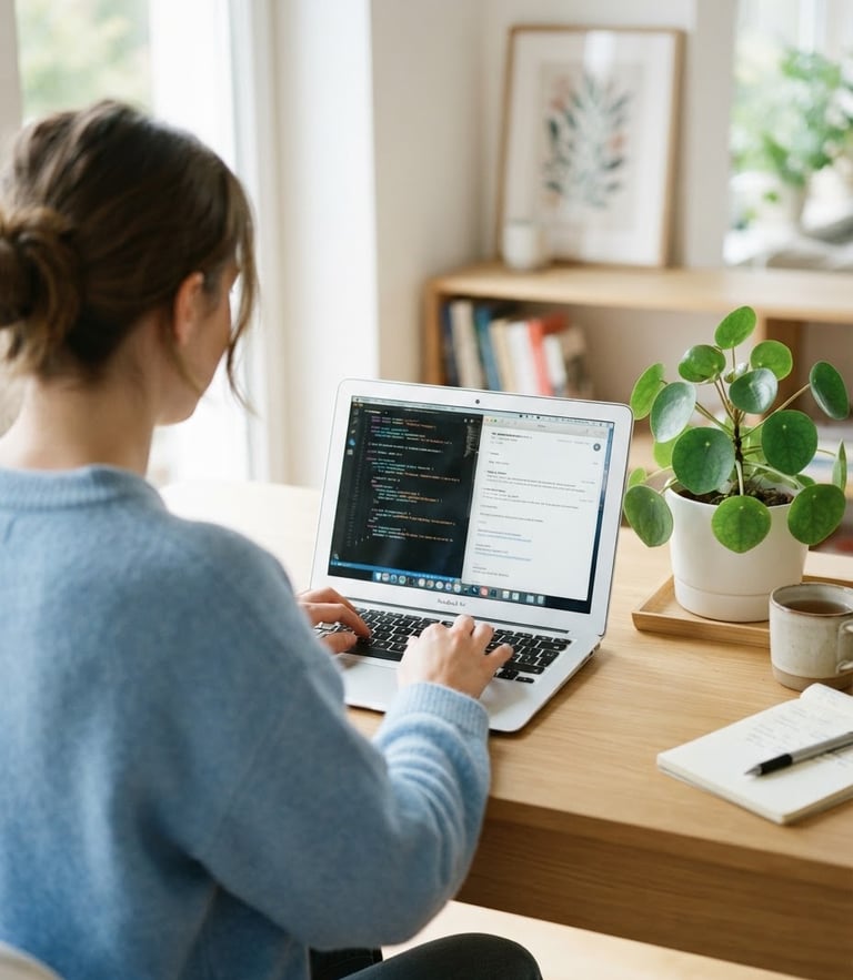 Bright modern photography, natural daylight, soft blue and green tones. Over-the-shoulder shot of a person in a bright home office typing on a laptop, showing a clean workspace with a green plant.
