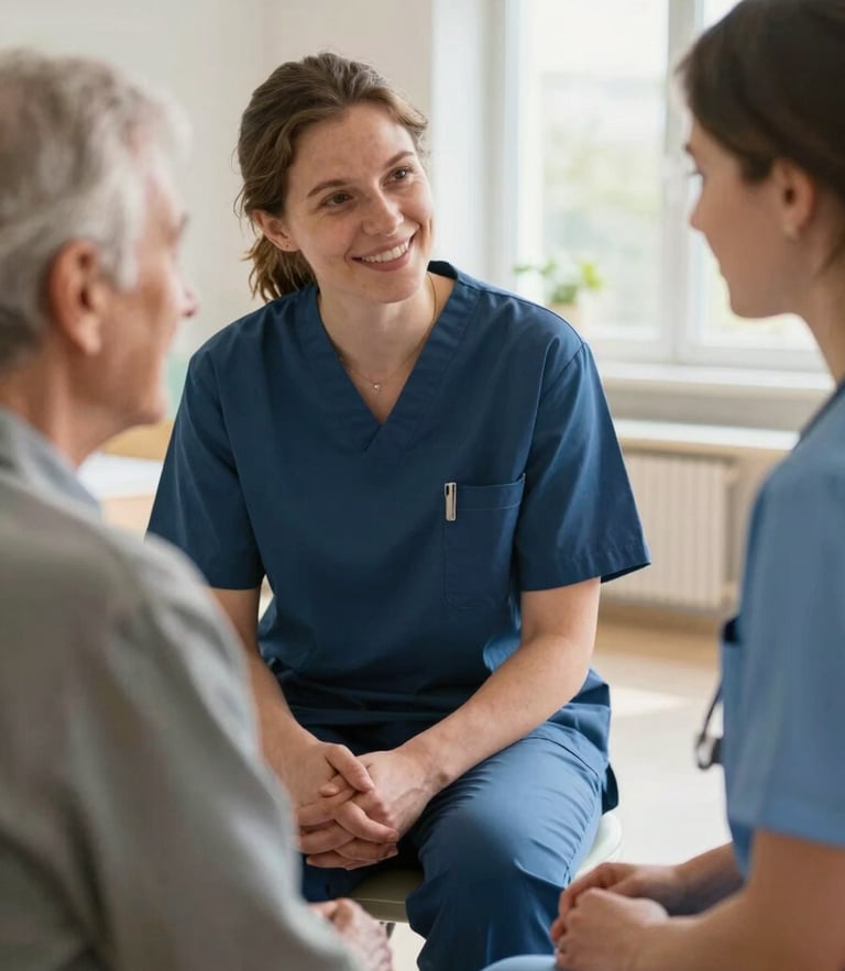 A close-up of human interaction, a warm conversation between an elderly resident and a young non-EU nursing apprentice in a modern, bright care facility in Kempten, soft natural morning light.