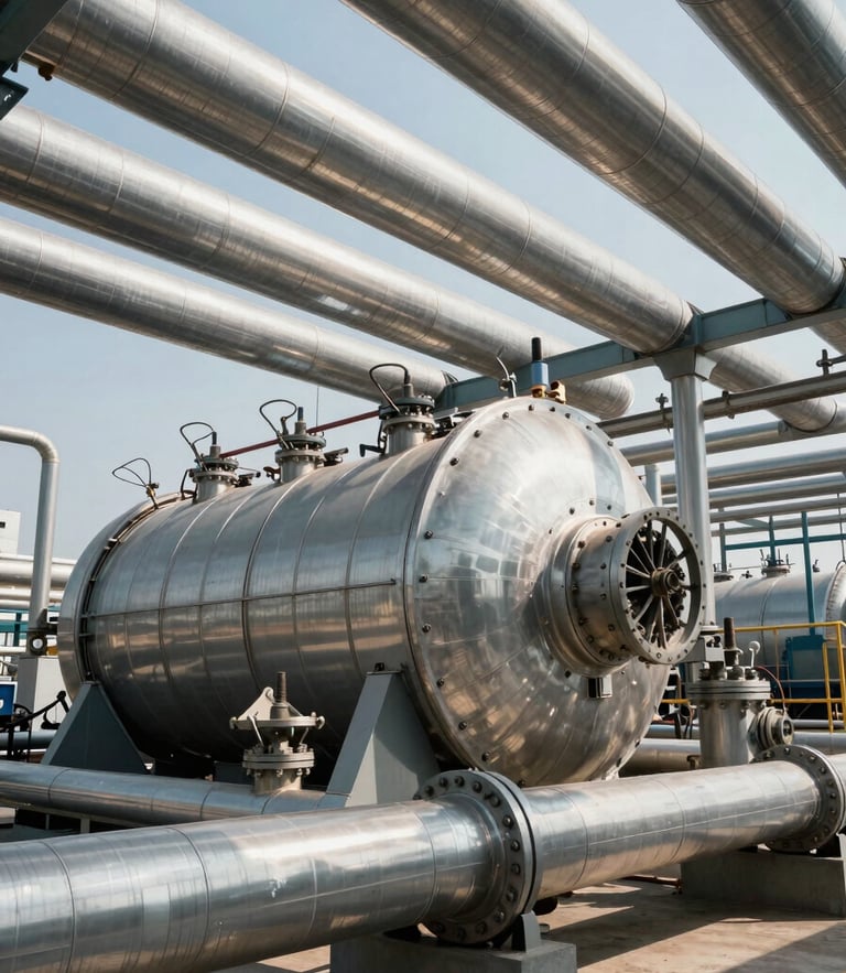 Cinematic wide-angle view of a heavy industrial gas turbine facility, harsh midday sun, steel pipelines reflecting light, clean geometric composition.