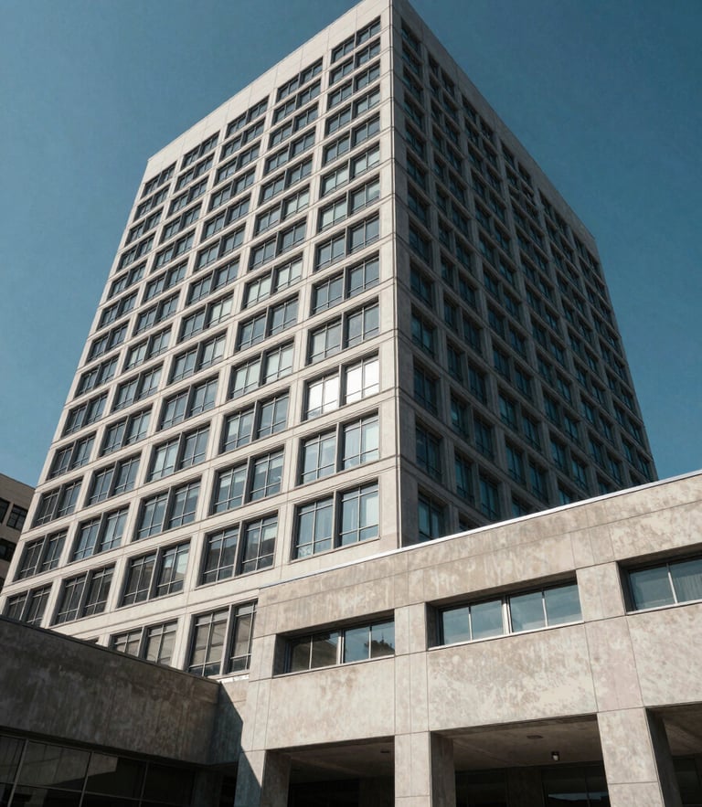 Stark architectural exterior crop of an institutional headquarters, harsh midday sun, sharp shadows on concrete and steel, wide cinematic angle emphasizing physical presence and security.
