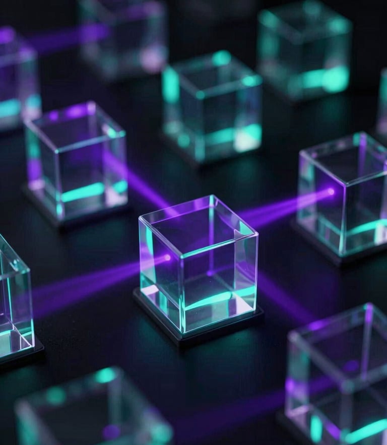 Abstract 3D glass cubes representing isolated virtual machines, glowing electric purple light beams cutting through darkness, 35mm