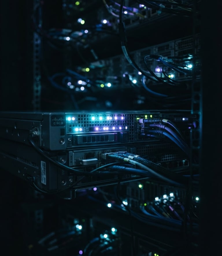 Extreme close-up macro shot of server racks with cool-toned LED indicators, dark atmospheric technical environment, cinematic lighting, 35mm