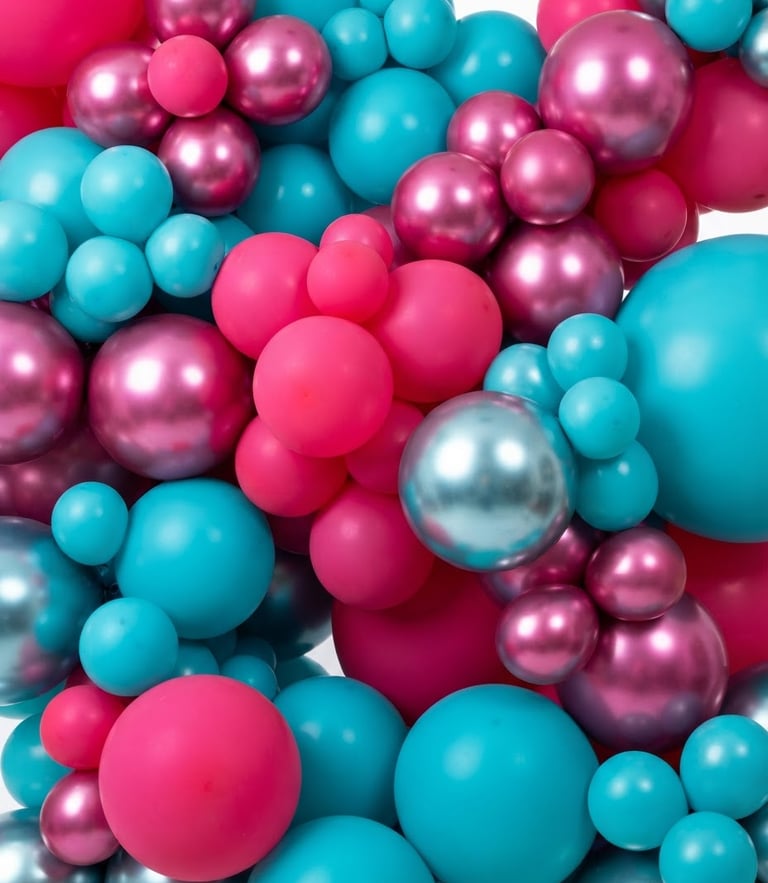 Close-up of vibrant high-key matte and chrome latex balloons in fuchsia and turquoise, crisp studio light, sharp focus, professional balloon installation, 35mm