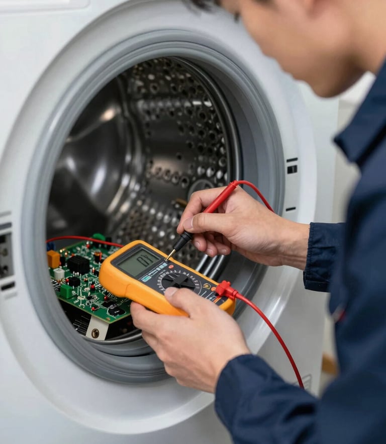 Tight macro shot of a technician in a clean navy uniform using a digital multimeter to test a complex circuit board inside a modern washing machine, sharp direct utility light.