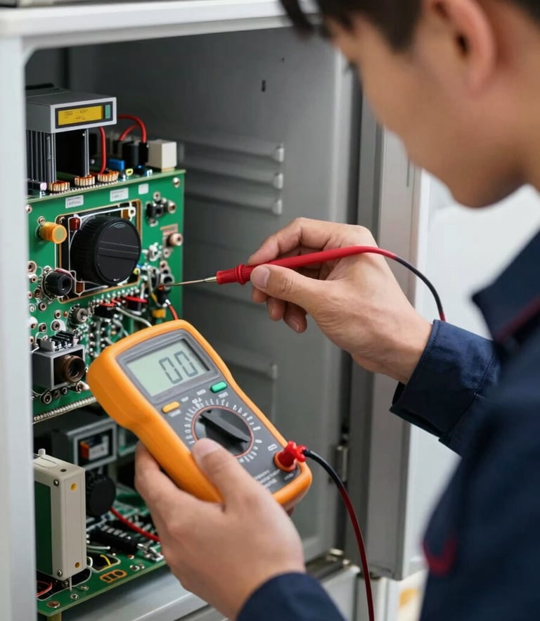 A close-up shot of a technician in a dark blue uniform using a digital multimeter to test a refrigerator circuit board, sharp focus, bright utility lighting.