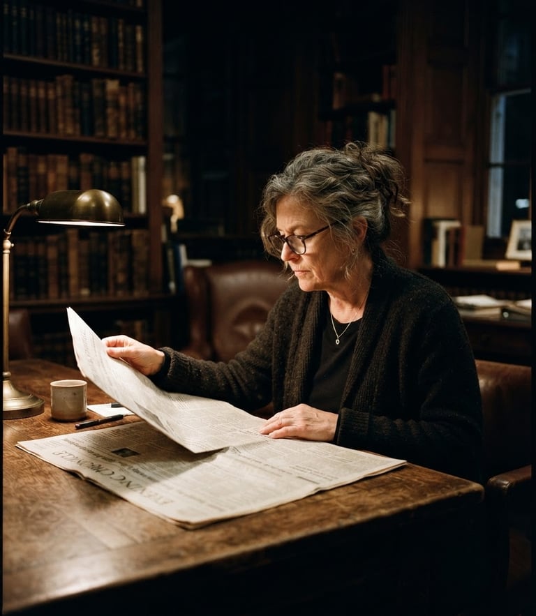 Environmental portrait of an editor reading a broadsheet paper in a dimly lit, warm cream library room, dramatic chiaroscuro shadows, 35mm film grain