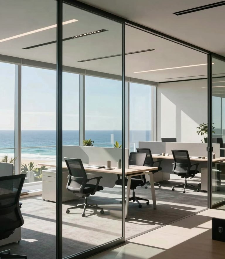 Sunlit modern office interior on the Gold Coast, pristine glass partitions, clean minimalist desks, bright natural coastal daylight