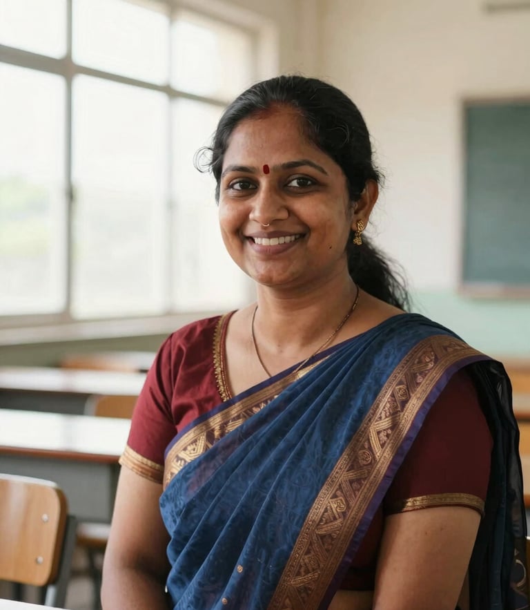 A professional, warm portrait of an Indian female teacher smiling in a bright classroom, natural window daylight, clean warm tones, 35mm lens.