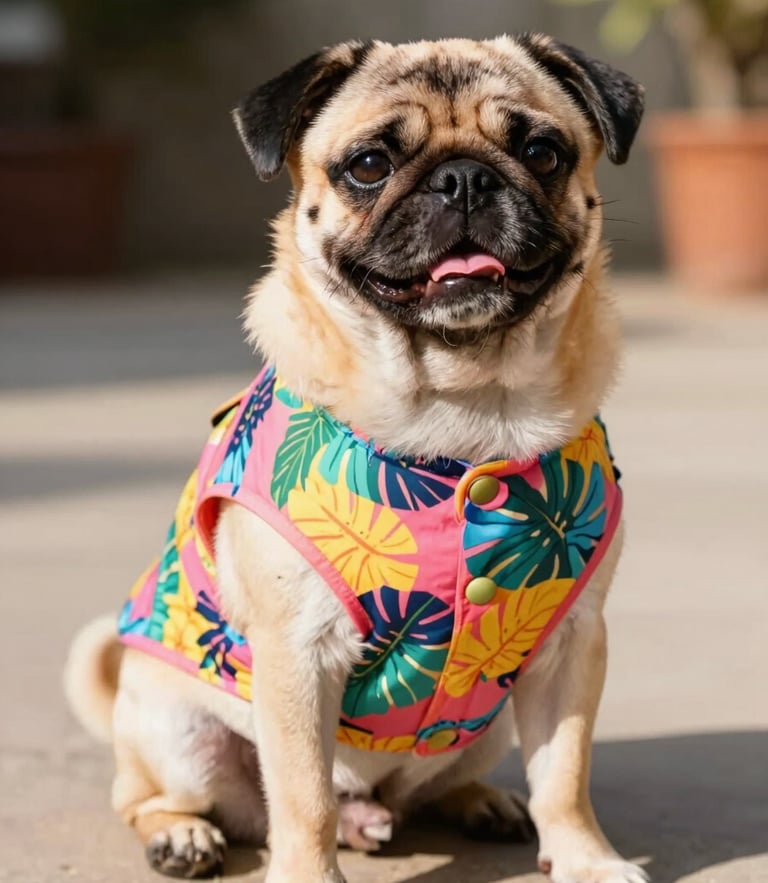 Un perro pug feliz con una camisa playera colorida de hojas tropicales, sentado en el pasto bajo luz natural cálida, enfoque suave, primer plano de la prenda.