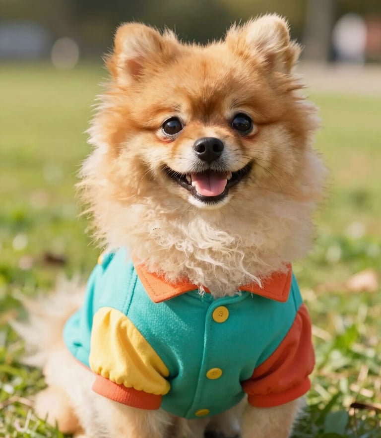 A happy fluffy Pomeranian dog wearing a colorful handmade teal shirt, looking directly at the camera, bright warm natural daylight, cheerful saturated tones, outdoor park background