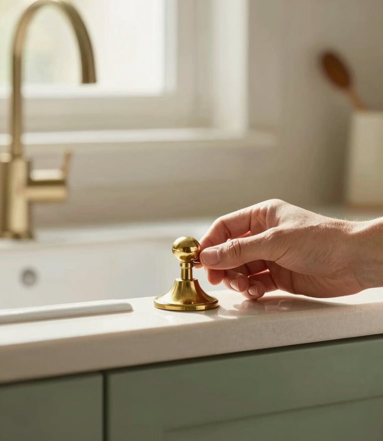 Warm domestic photography, soft natural afternoon light, a hand polishing a brass fixture in a sunlit kitchen, shallow depth of field, 35mm