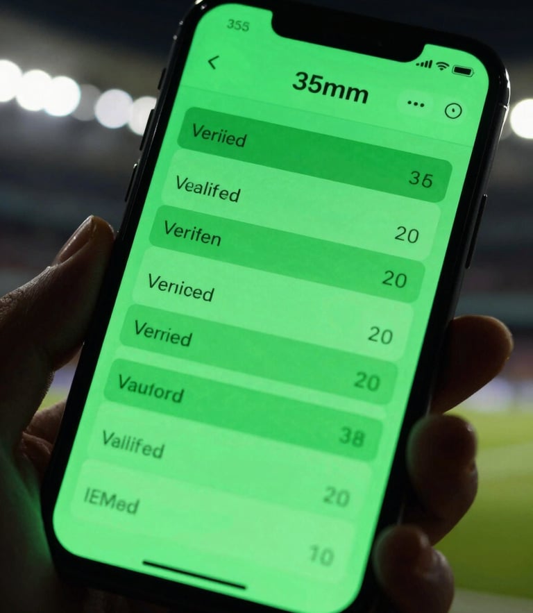 High-contrast macro shot of a smartphone screen showing a verified green betting slip with neon green highlights, dark stadium background, dramatic lighting, 35mm