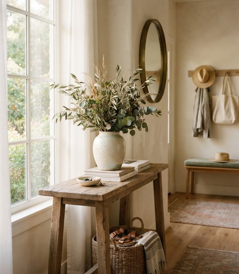 Soft morning window light illuminating a beautifully organized Texas home entryway, a ceramic vase with wild olive branches on a wooden console table, 35mm photography