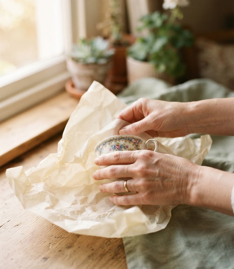Close-up of hands carefully wrapping a vintage porcelain teacup in soft cream paper, warm morning light through a window, shallow depth of field, 35mm editorial photography.
