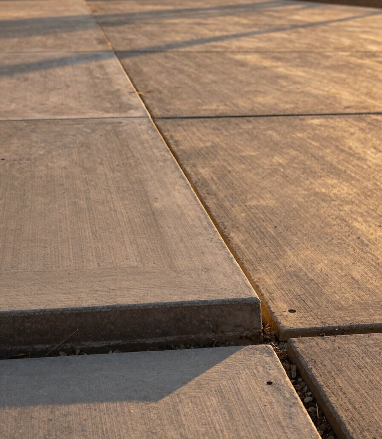 Crisp edges of a newly poured concrete driveway in Escondido, warm golden-hour sunlight highlighting the clean texture and subgrade preparation, 35mm architectural photography