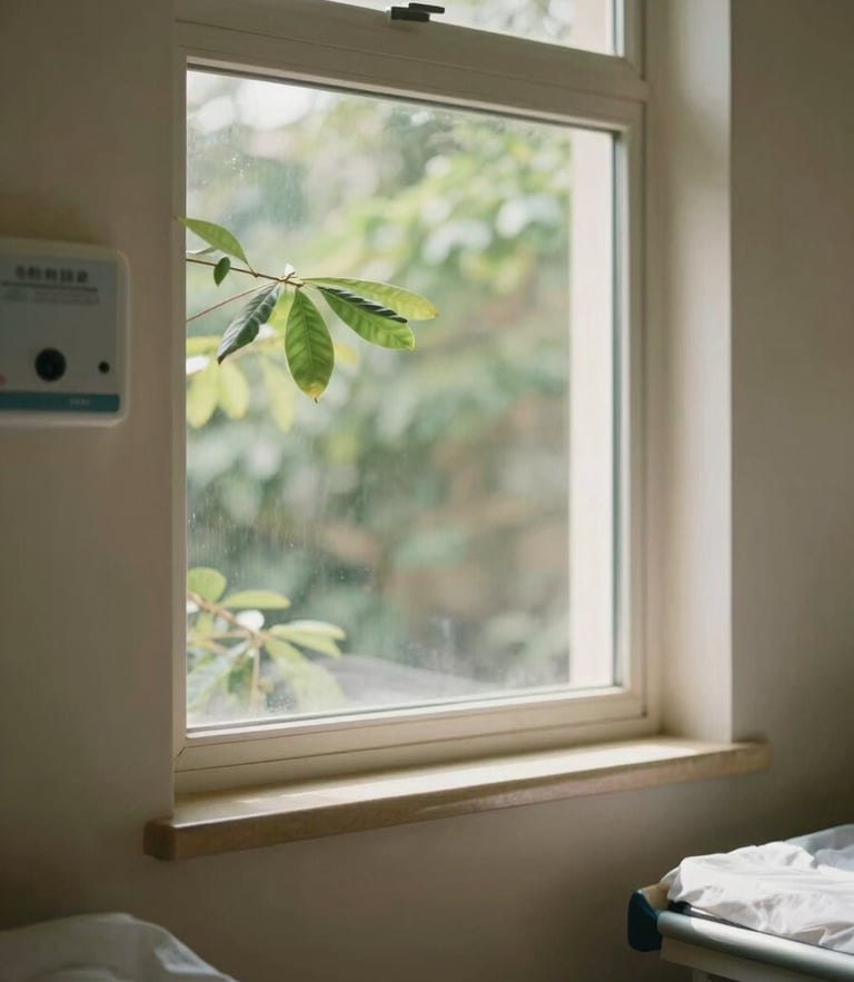 A quiet, sunlit medical chamber with soft green leaves visible outside the window, warm natural light, shallow depth of field, 35mm