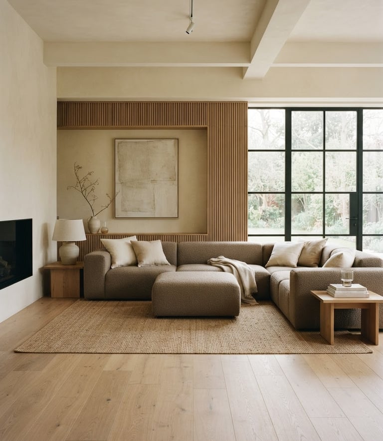 Straight-on architectural shot of a minimalist living room, soft natural daylight, warm taupe and cream tones, a modular sofa in the center, 35mm