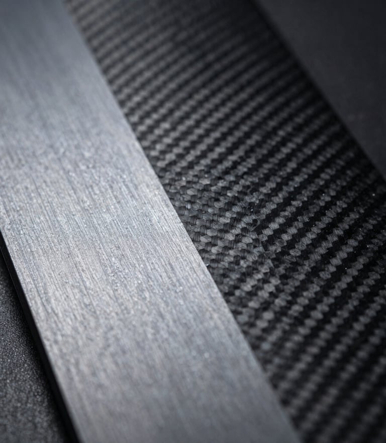 Macro photography of high-performance technical fabric and matte carbon fiber textures. Moody, dark lighting in a European design studio highlighting Steel Silver and Obsidian Black details.