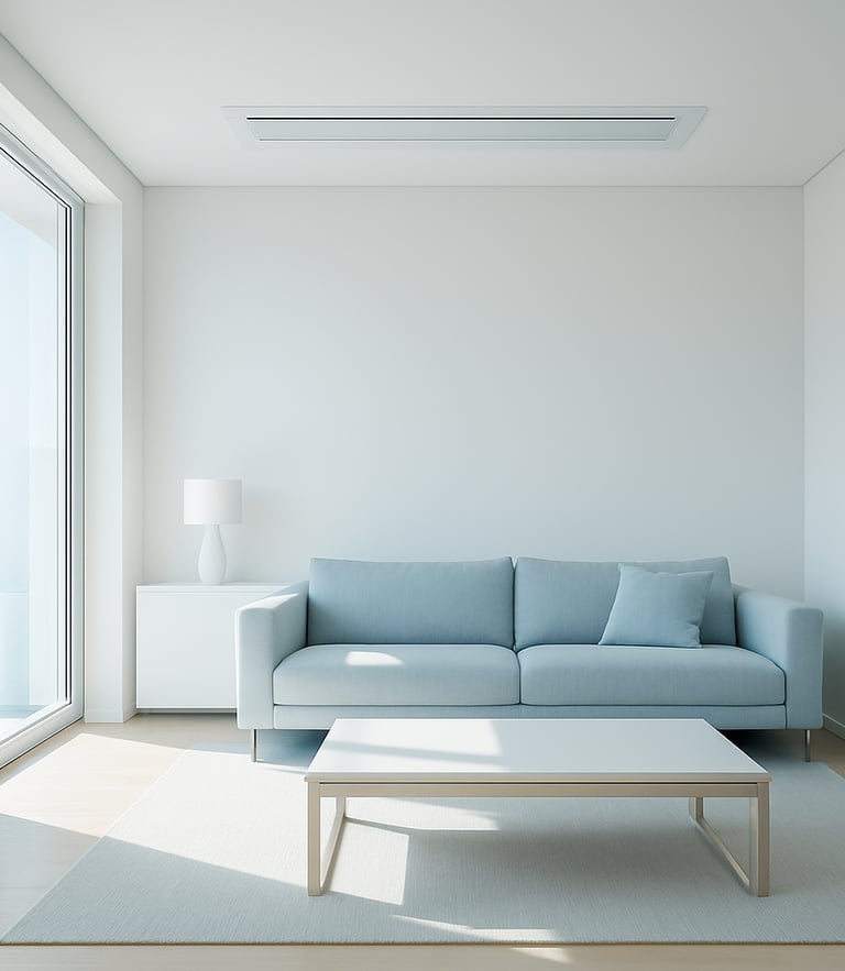 Bright architectural interior of a minimalist living room, clean white walls, natural morning light, a sleek integrated air conditioning unit flush with the ceiling, professional 35mm lens