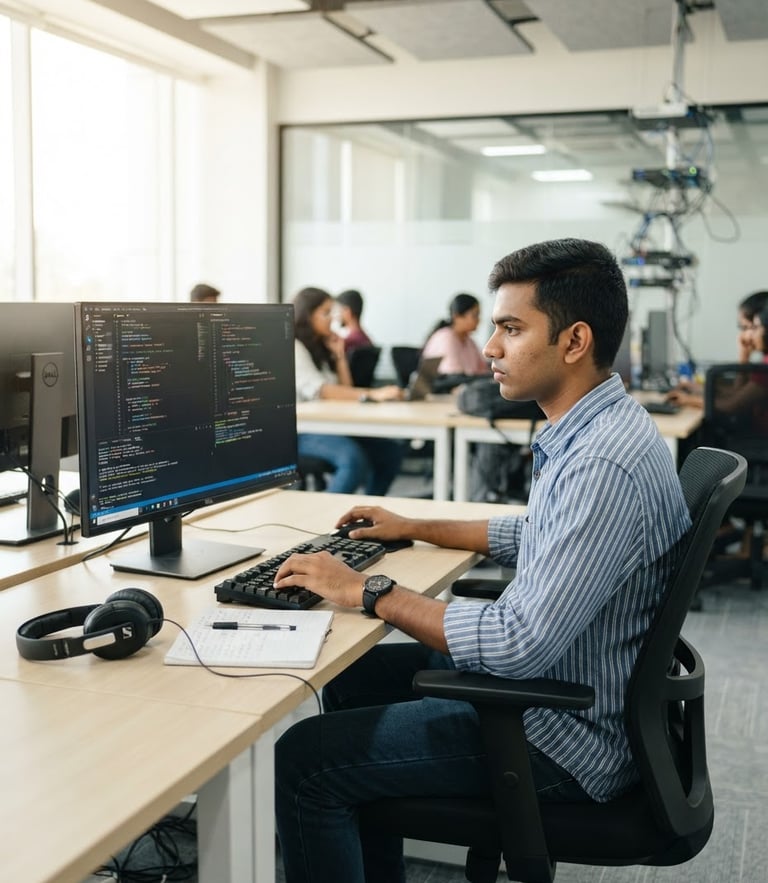 A focused Indian student working on a high-end computer inside a brightly lit, modern IT lab at G-TEC Manacaud, natural daylight, crisp focus