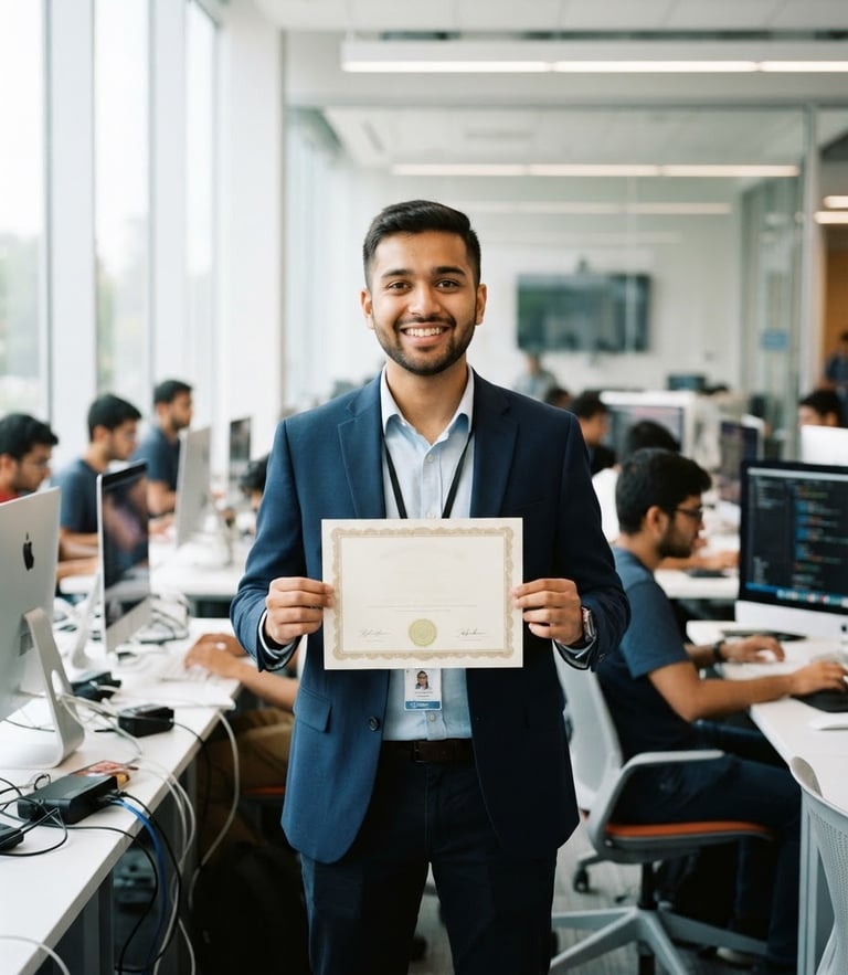 A professional portrait of a confident Indian software student holding a certificate in a brightly lit modern computer lab, natural daylight, crisp focus, 35mm
