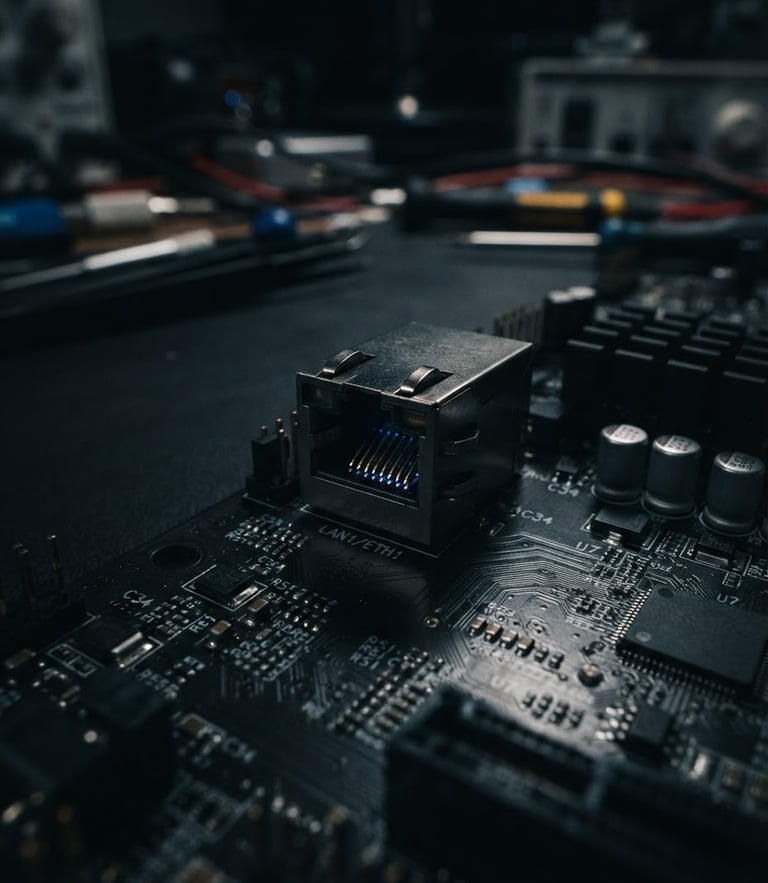 Macro close-up of an RJ45 ethernet port on a dark server motherboard, sharp blue highlights, moody studio lighting, dark workbench background, 35mm lens