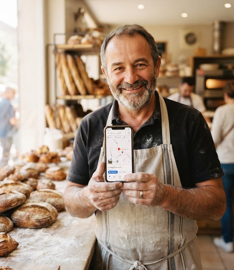 Close-up of a proud local baker in a warm, sunlit bakery holding a smartphone showing a Google Maps pin, warm editorial photography, natural daylight, shallow depth of field