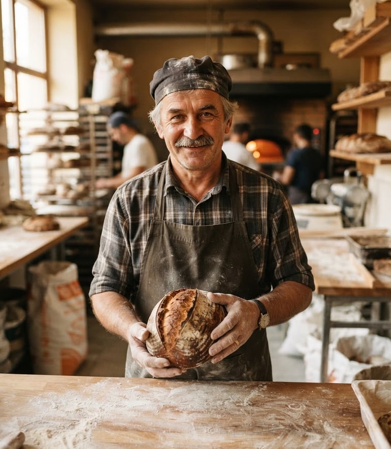 Authentic Polish baker in a warm daylight kitchen holding a fresh loaf of sourdough bread, shallow depth of field, 35mm