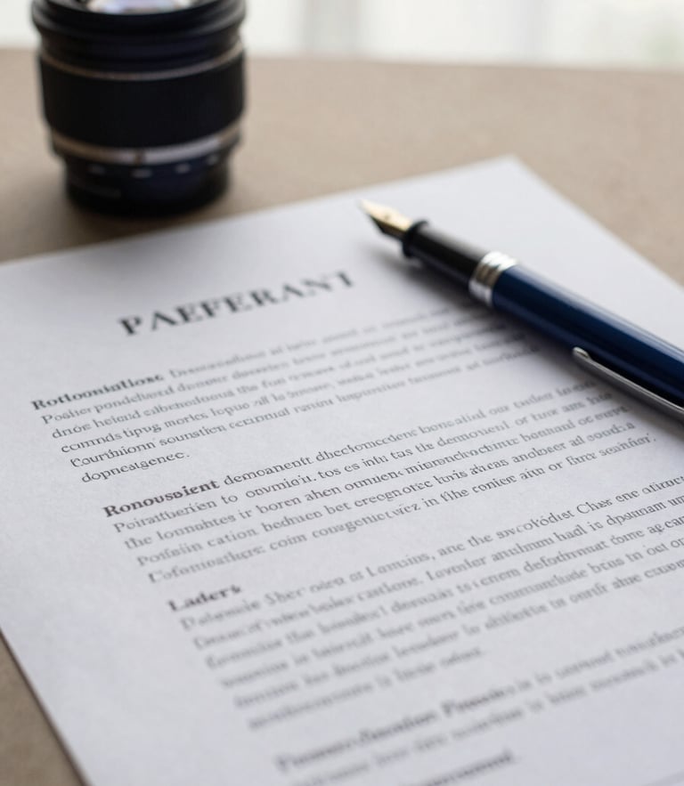 Close-up of signed legal documents on heavy cotton paper, elegant fountain pen resting on the side, soft overcast Parisian daylight, muted navy tones, 35mm lens