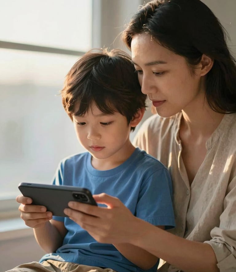 Warm editorial photography of a mother and young son looking at a mobile screen together, soft golden-hour window light, gentle blue and gold tones, shallow depth of field, 35mm