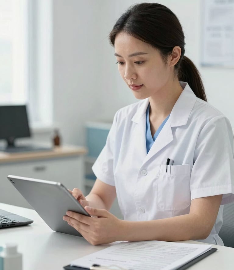 A professional clinical coordinator in a bright, modern medical office reviewing patient charts on a tablet, clean and reassuring atmosphere
