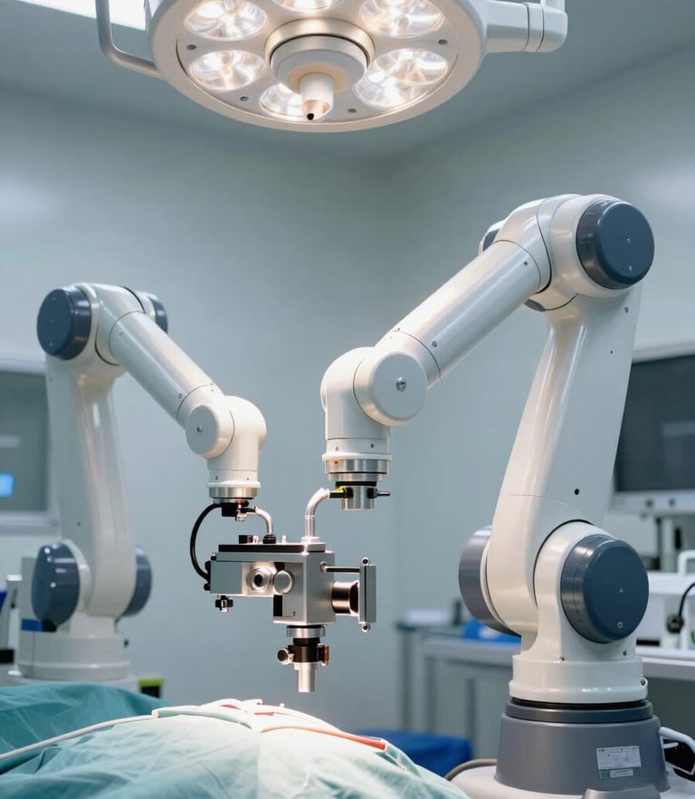 A high-precision robotic surgical system in a sterile operating room, clean clinical lighting, focusing on the mechanical arms.